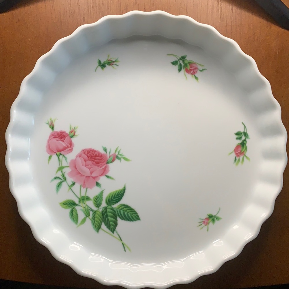 Vintage Christineholm Porcelain Quiche Pan Tart Plate Pink Rose Pattern 9 1/2"